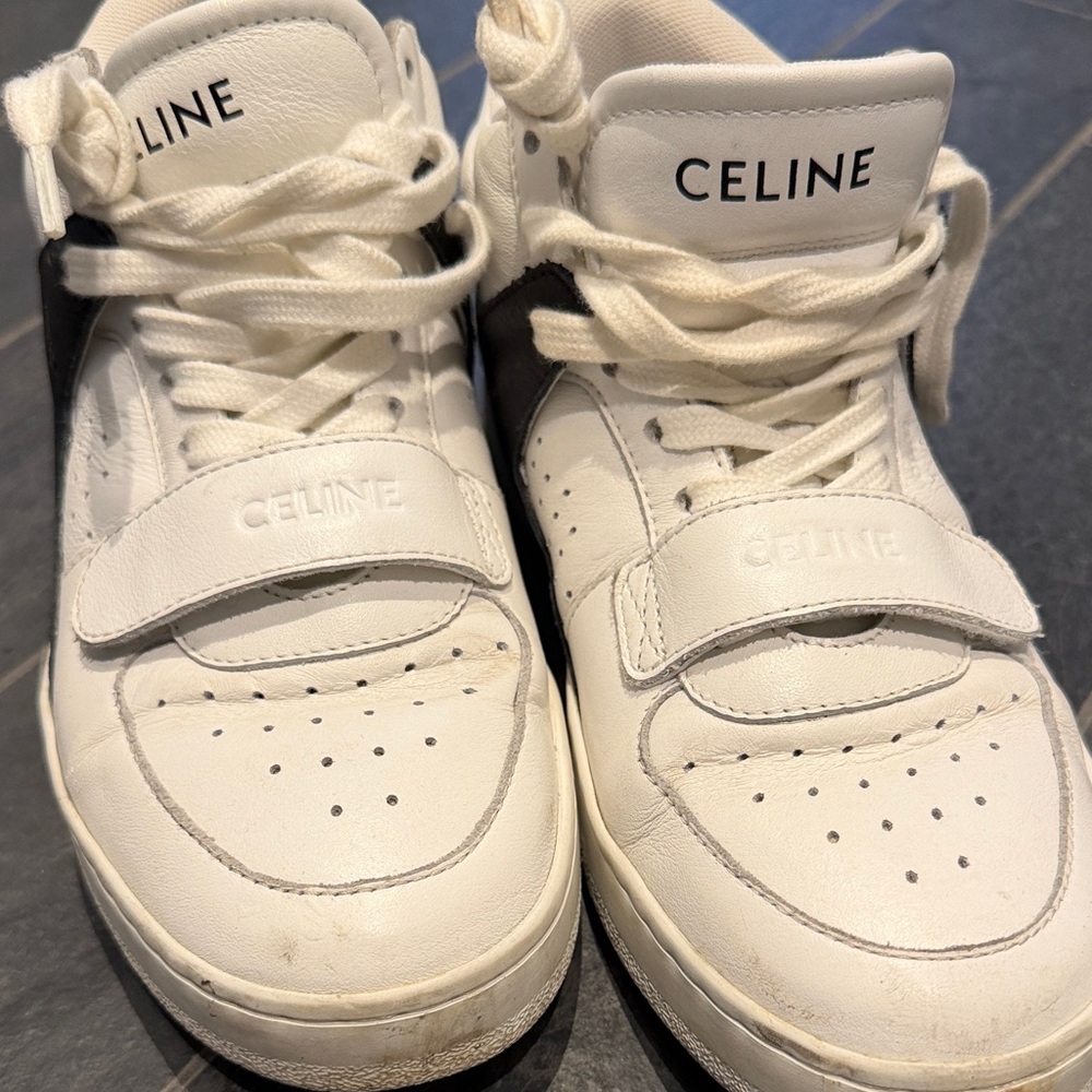 Celine Cream and Black Leather High-Top Sneakers